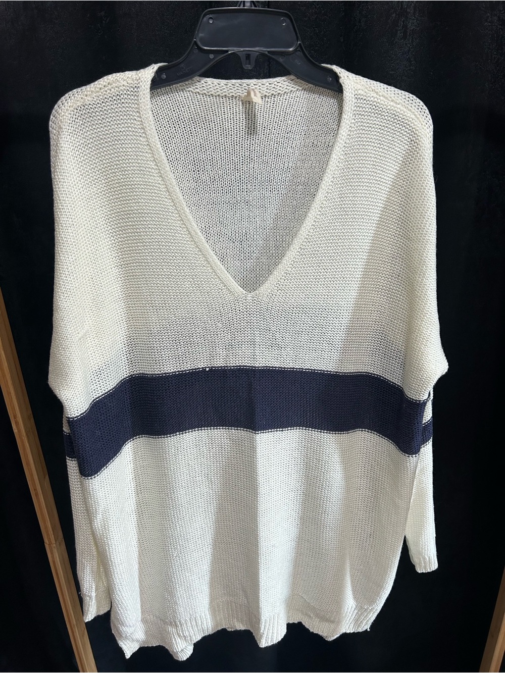 Wishlist Cream V-Neck Sweater with Navy Stripe